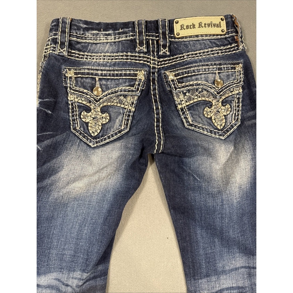 Women's 26/32Rock Revival Berry Straight Jeans THICK STITCH RHINESTONES WHISKER